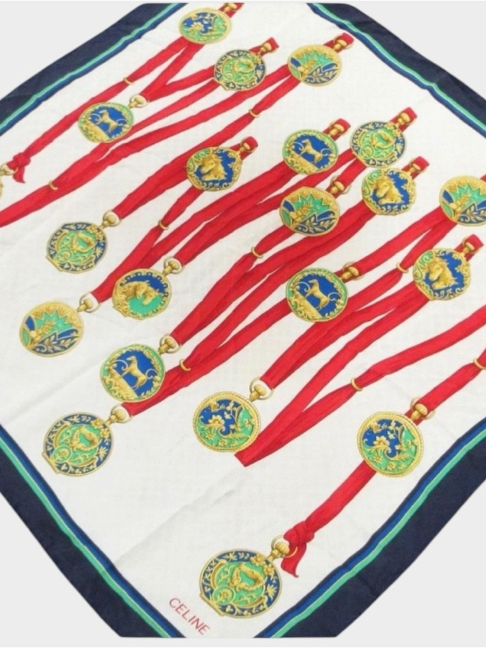 Celine 🪢 White Silk Scarf with Red Ribbon and Gold Medal with COA